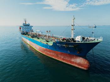 Bunker tanker supplying marine fuel at Walvis Bay port in Namibia